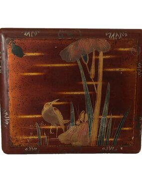 Old Japanese Hand Painted Bird on Pond w Plants Lacquer on Wood Box